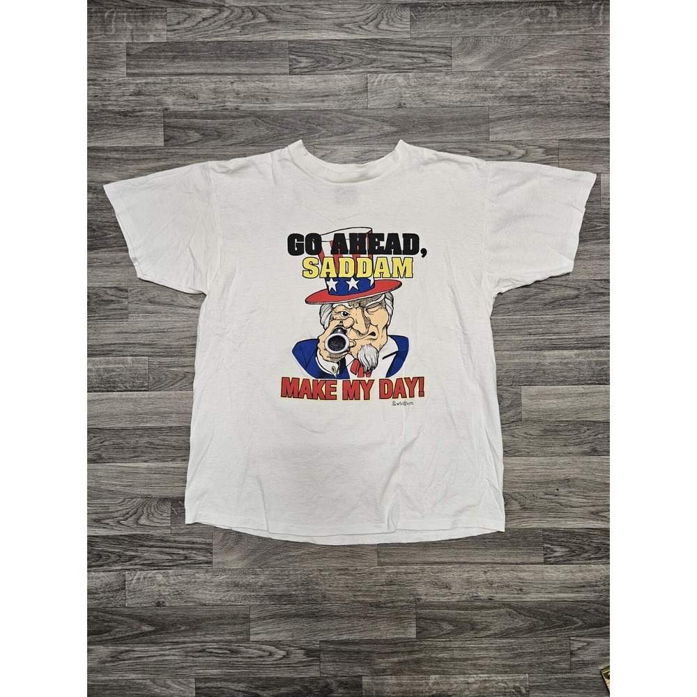 Vintage Hussein Saddam Gulf War Desert Storm 90s T Shirt XL White Uncle Sam